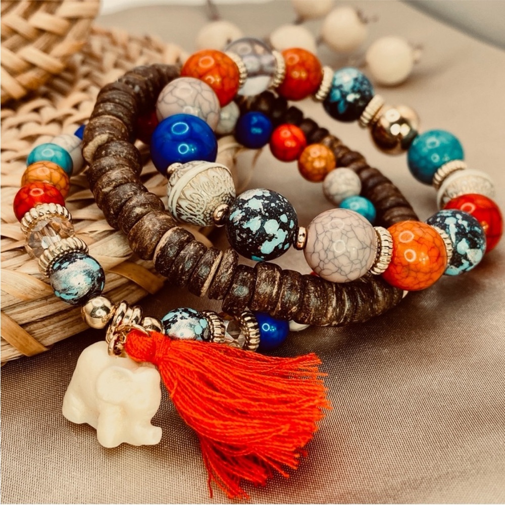 Bohemian Lucky Elephant Charm Multicolor Beaded Bracelet Set